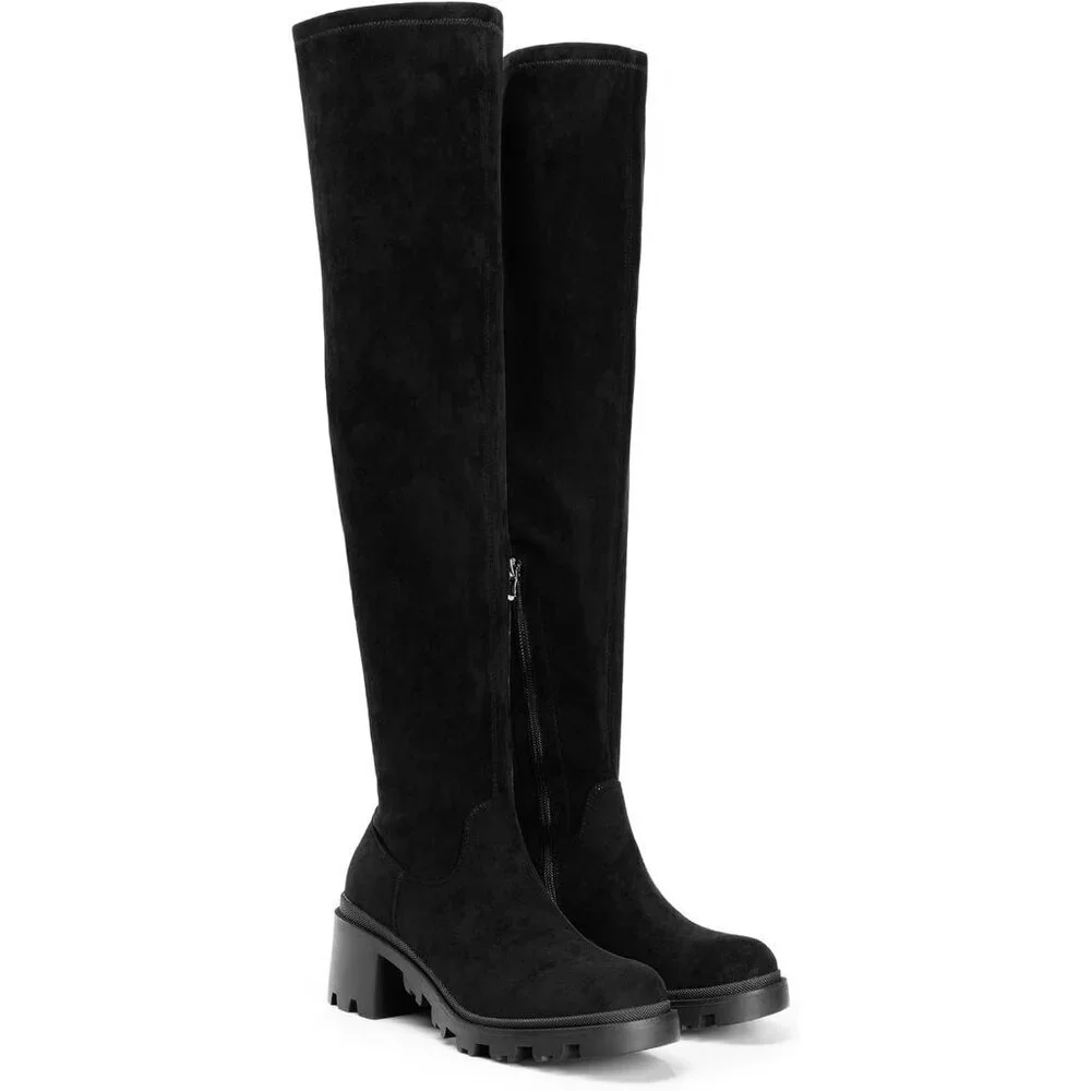 Women's Black-suede Faux Leather Knee High Over The Knee High Chunky Heel Boots